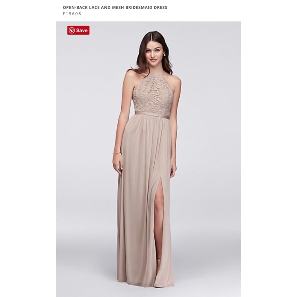 Open-Back Lace & Mesh Bridesmaid Dress in Biscotti